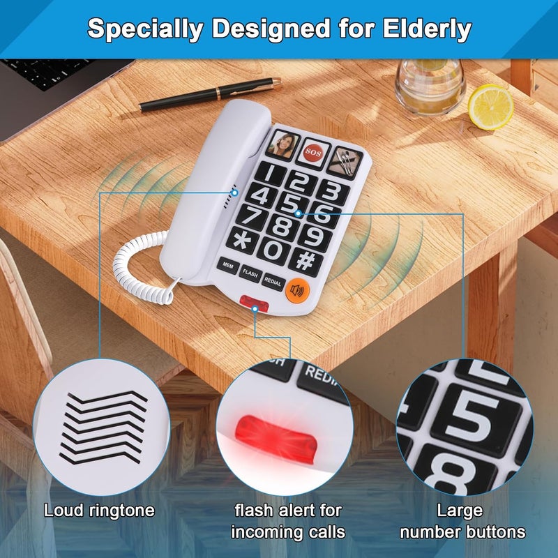 Sangyn Landline Phones for Seniors with Large Button Corded Telephone for Home with Amplified Loud Ringer Volume Adjustable One-Touch Dialing Big Button Telephones for Visually Hearing Impaired, White - Image 3